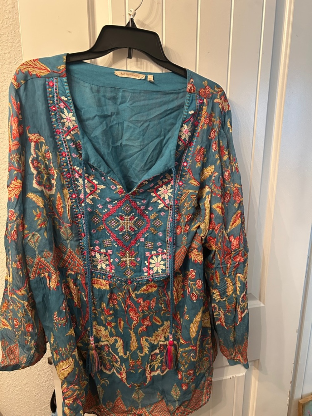Teal Embroidered Boho Tunic Top with Multicolor Floral Details Festival